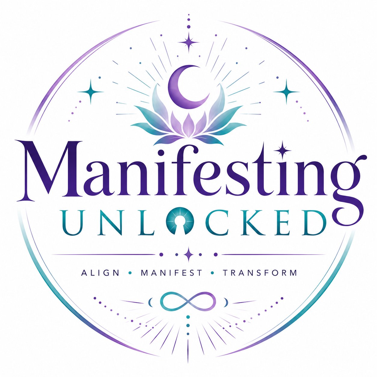 Manifesting Unlocked emblem with lotus, crescent moon and stars